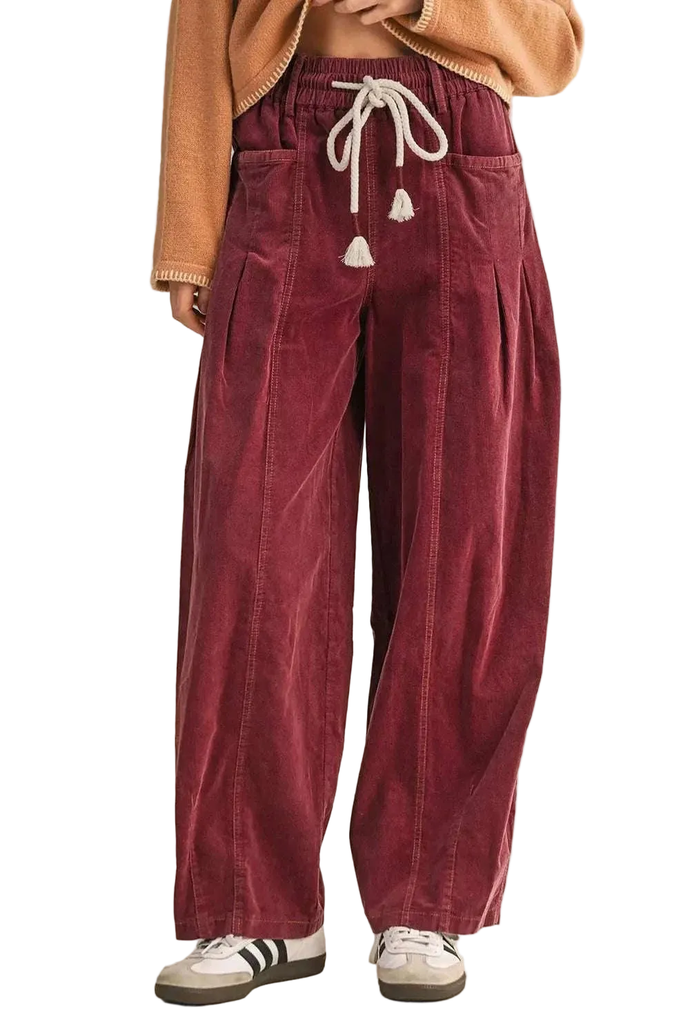 Burgundy corduroy casual pants with elastic waist and drawstring