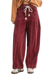 Burgundy corduroy casual pants with elastic waist and drawstring
