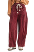 Burgundy corduroy casual pants with elastic waist and drawstring