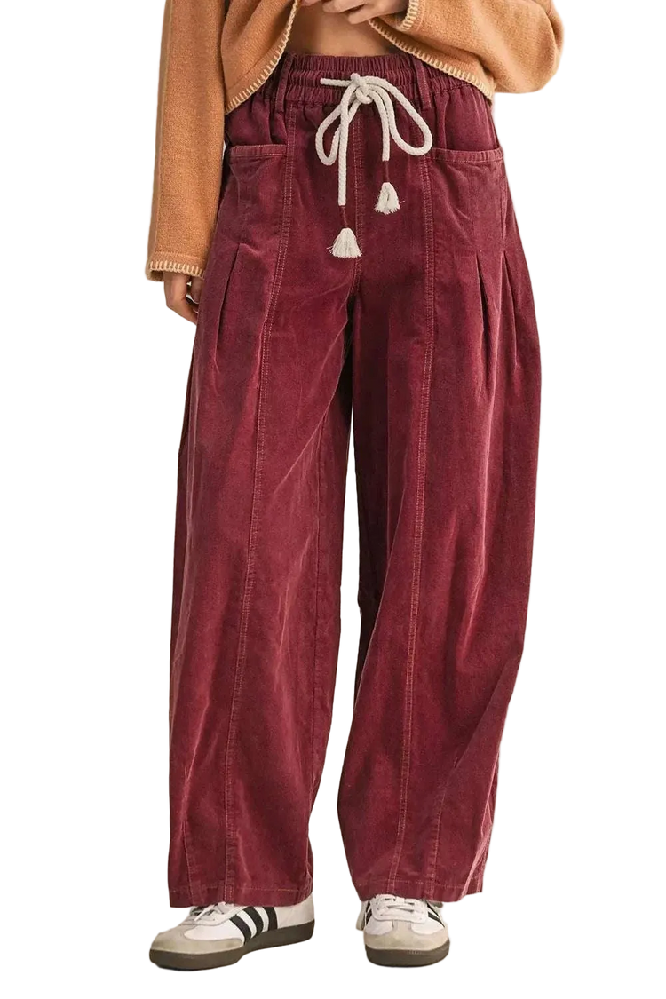 Burgundy corduroy casual pants with elastic waist and drawstring