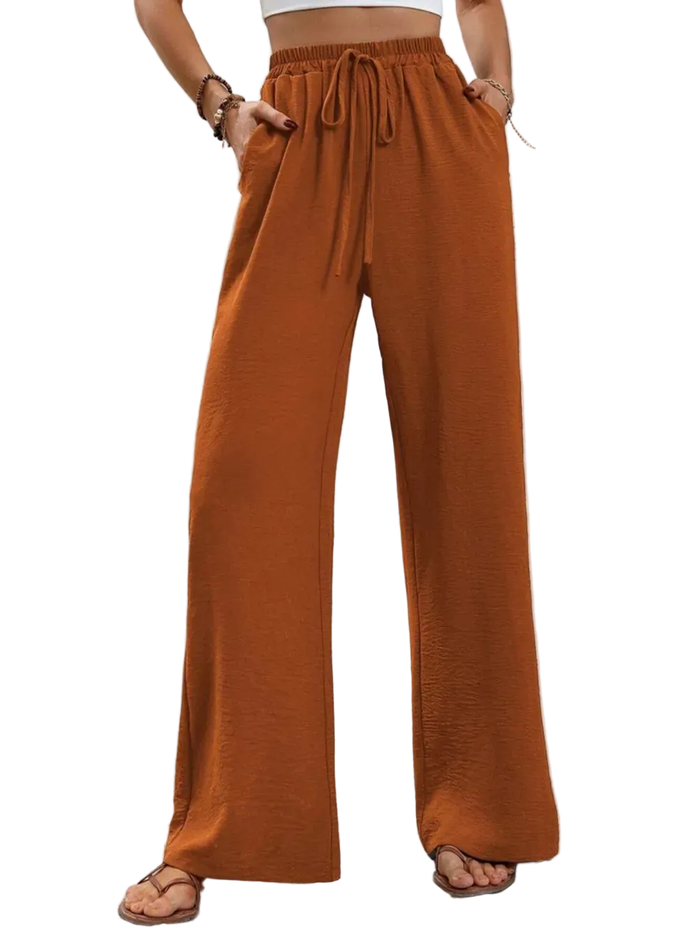 Wide leg drawstring pants made of 100% polyester with an opaque finish and machine washable design