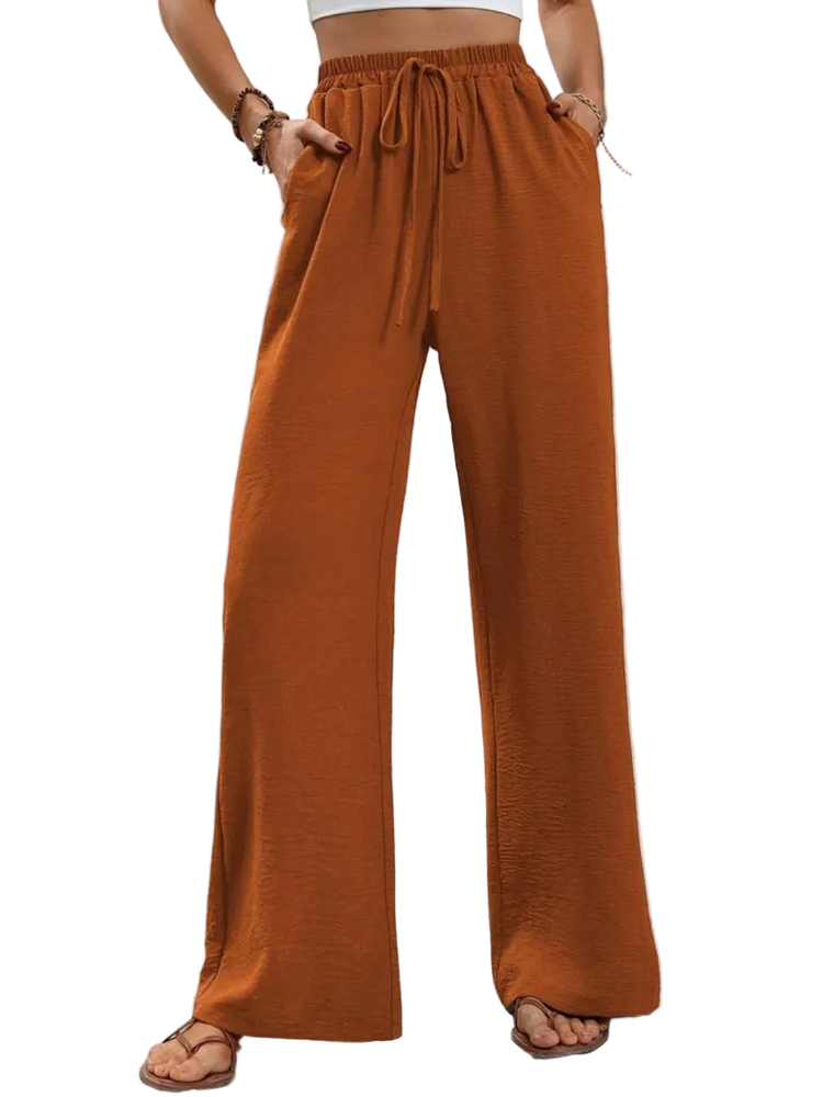 Wide leg drawstring pants made of 100% polyester with an opaque finish and machine washable design