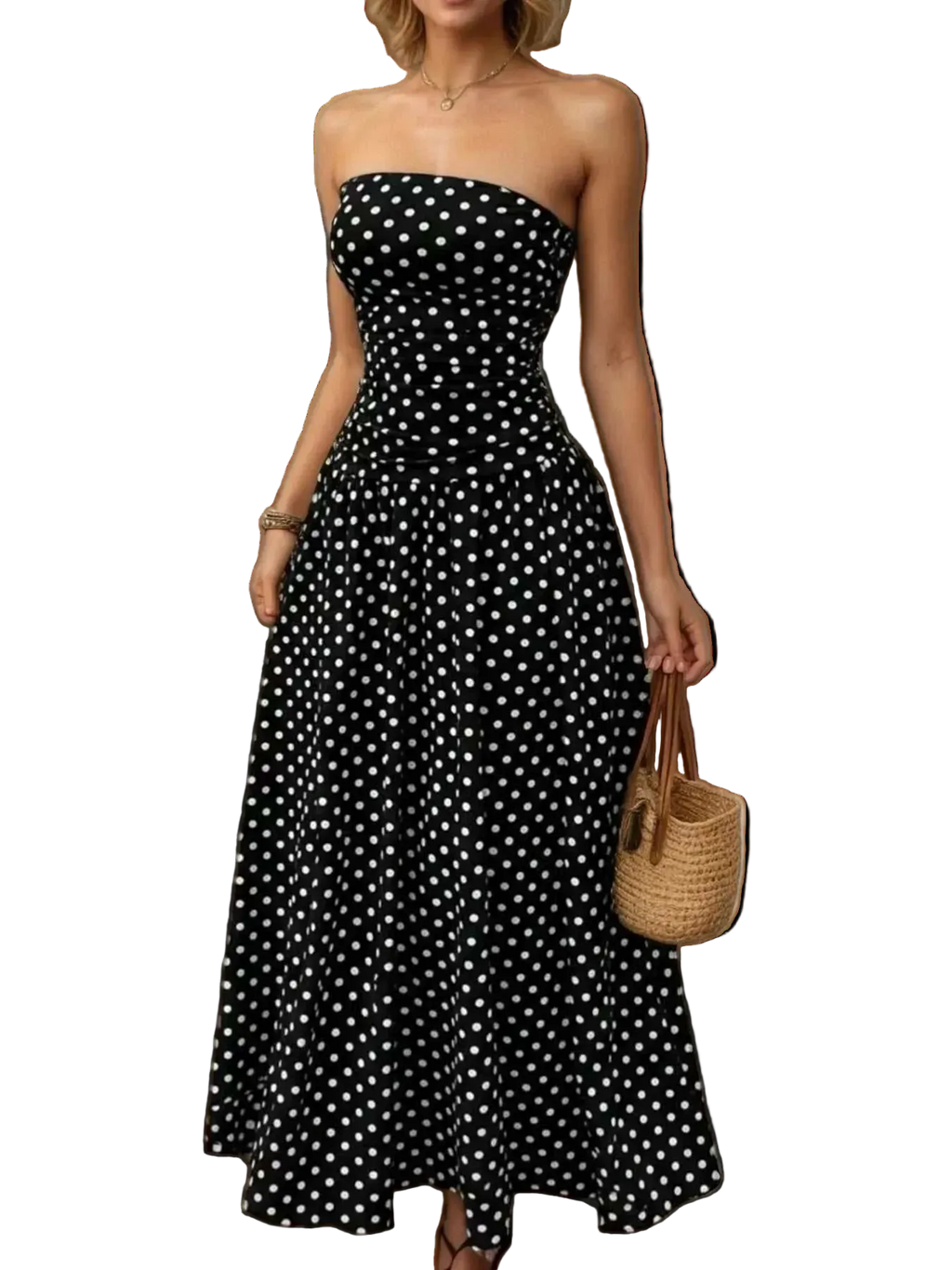 Polka dot strapless maxi dress with slight stretch and basic style detail