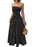 Polka dot strapless maxi dress with slight stretch and basic style detail