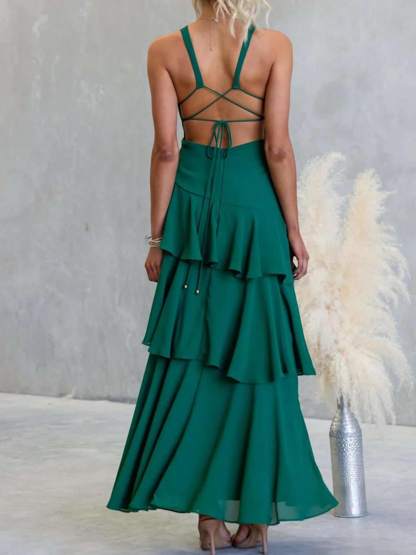 Sleeveless ruffled layered backless maxi dress in polyester with tied details