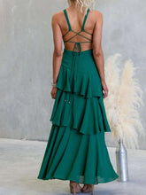 Sleeveless ruffled layered backless maxi dress in polyester with tied details