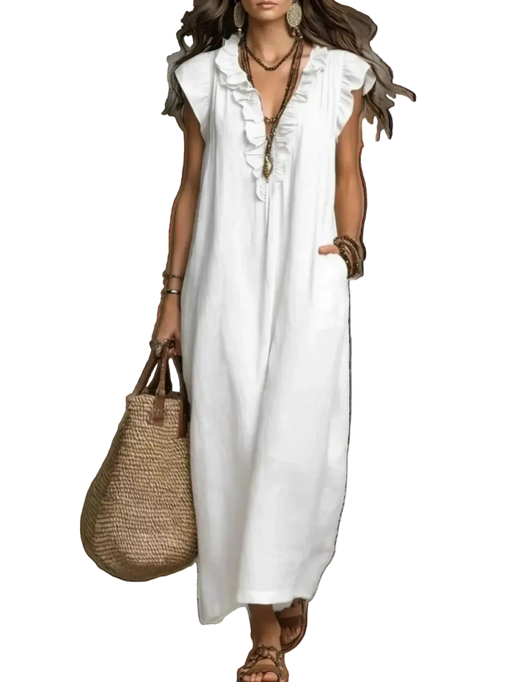 Ruffled V-neck maxi dress with frills and pockets, 100% polyester, no stretch, machine washable