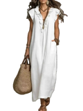 Ruffled V-neck maxi dress with frills and pockets, 100% polyester, no stretch, machine washable