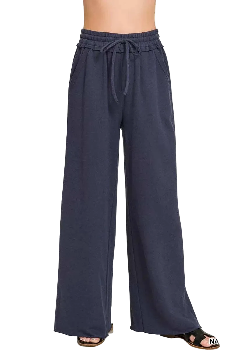 Zenana Drawstring French Terry wide leg sweatpants in soft cotton with pockets and relaxed fit