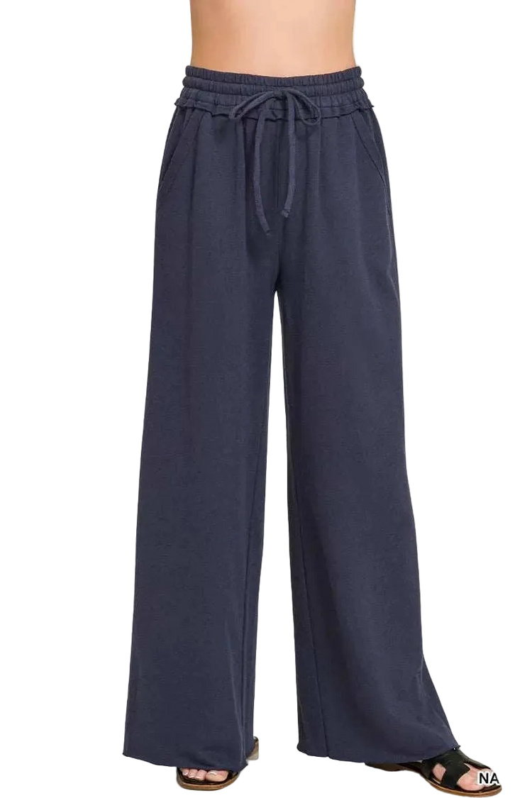 Zenana Drawstring French Terry wide leg sweatpants in soft cotton with pockets and relaxed fit