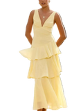 Sleeveless ruffled layered backless maxi dress with tied detailing in 100% polyester