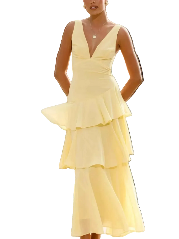 Sleeveless ruffled layered backless maxi dress with tied detail in polyester fabric