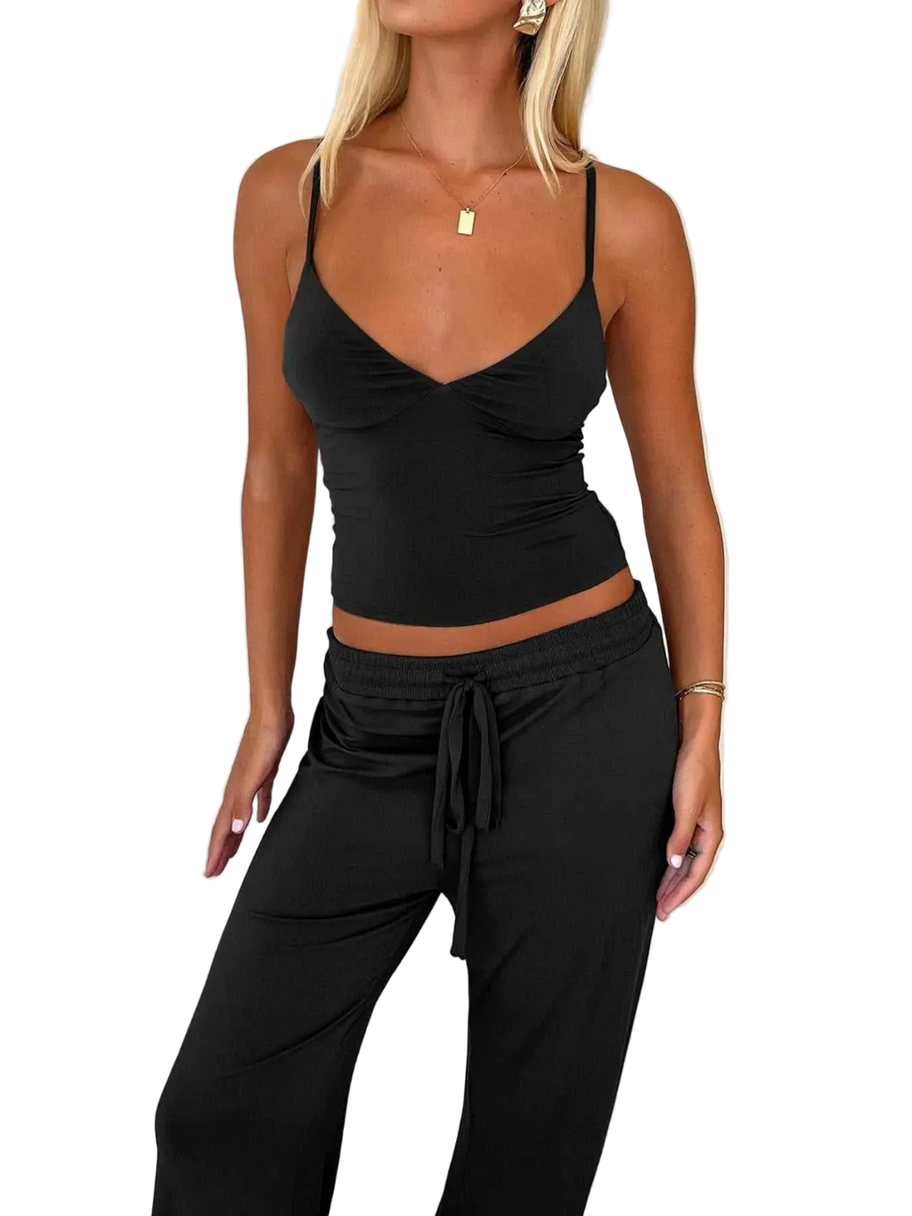 V-neck cami and drawstring pants two-piece set made of slightly stretchy polyester elastane blend