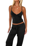 V-neck cami and drawstring pants two-piece set made of slightly stretchy polyester elastane blend