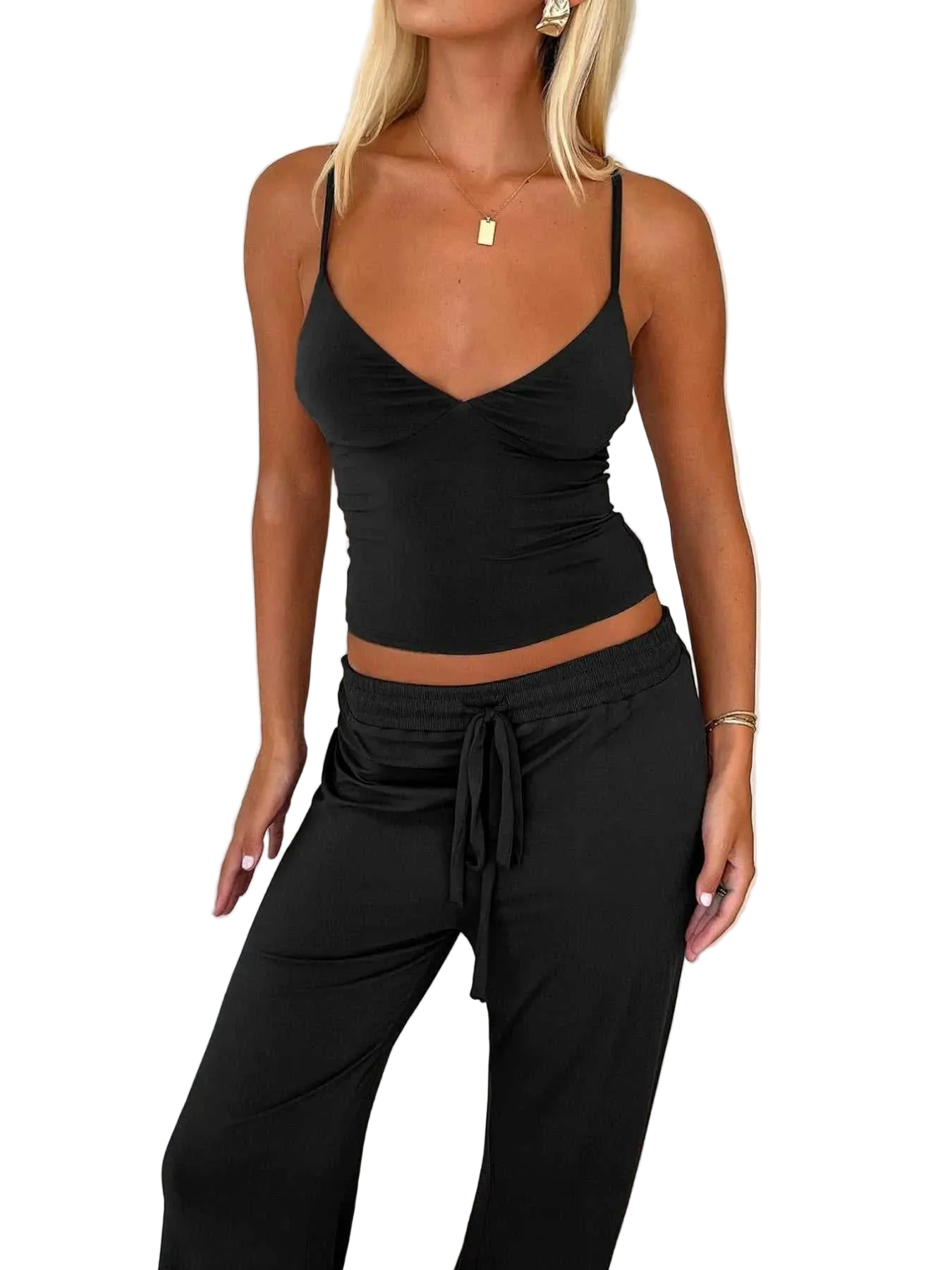 V-neck cami and drawstring pants two-piece set made of slightly stretchy polyester elastane blend