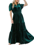 Velvet tiered short sleeve maxi dress with ruched detail and pockets, slightly stretchy fabric