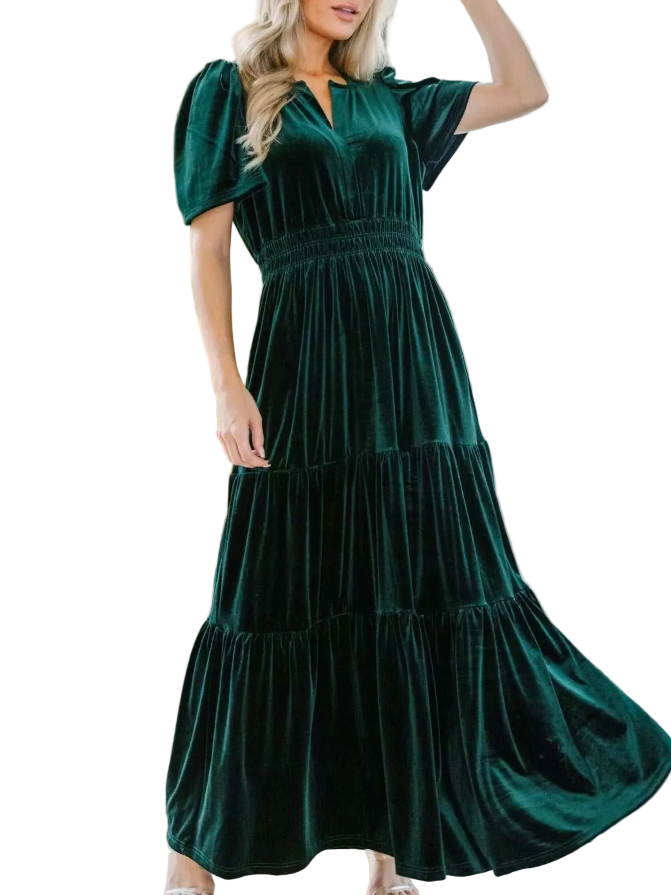 Velvet tiered short sleeve maxi dress with ruched detail and pockets, slightly stretchy fabric