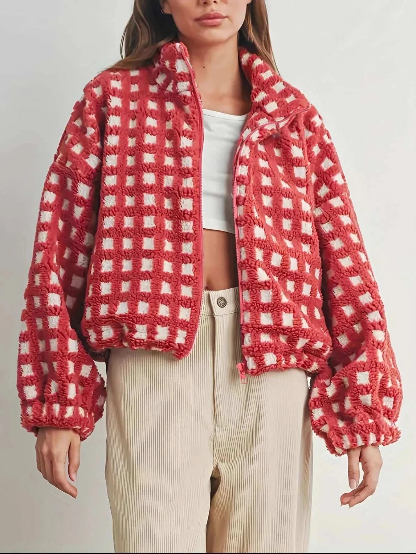 Oversized fleece checkered bomber jacket with puff sleeves and zipper closure