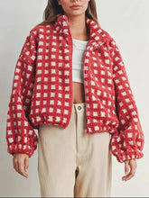 Oversized fleece checkered bomber jacket with puff sleeves and zipper closure