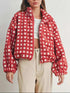 Oversized fleece checkered bomber jacket with puff sleeves and zipper closure