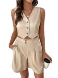Two-piece V-neck vest and shorts set with buttons and pockets, made of 95% polyester and 5% elastane, machine washable.