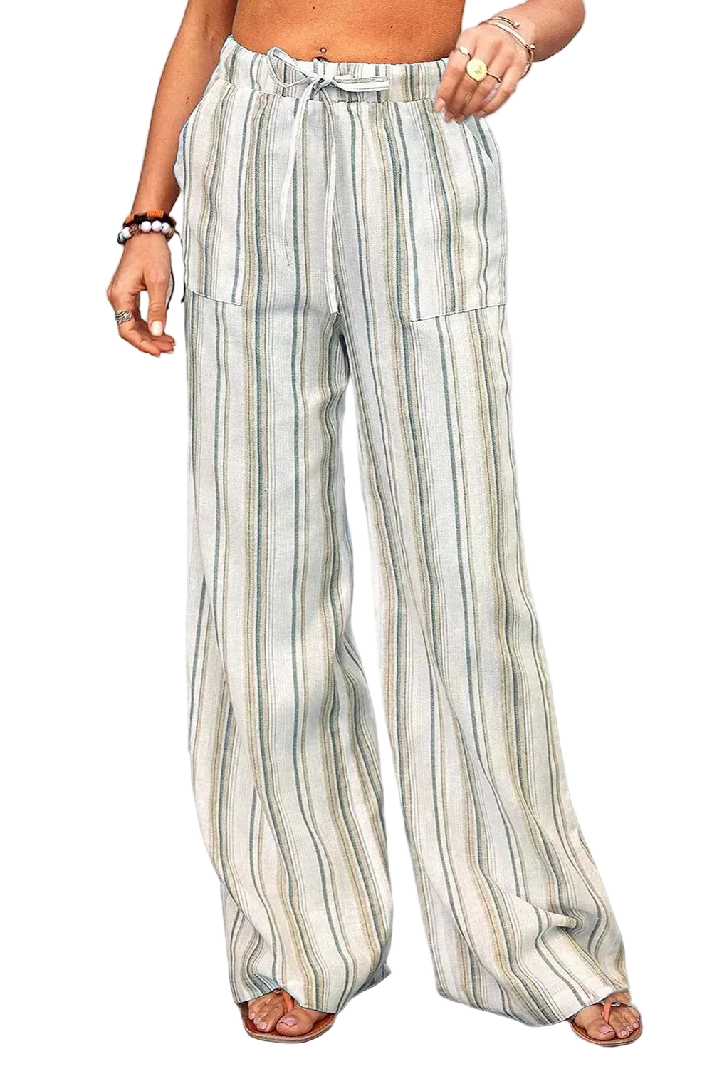 Plus size full size striped wide-leg pants with drawstring and pockets, made of 100% polyester