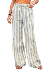 Plus size full size striped wide-leg pants with drawstring and pockets, made of 100% polyester