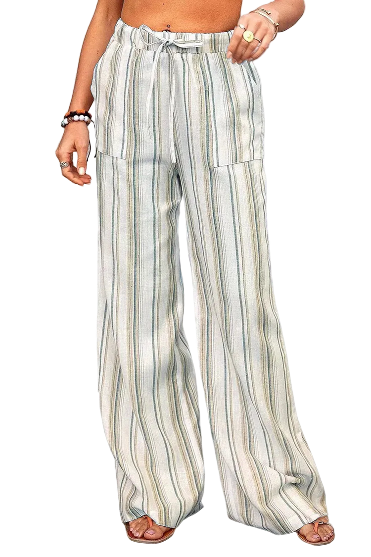 Plus size full size striped wide-leg pants with drawstring and pockets, made of 100% polyester