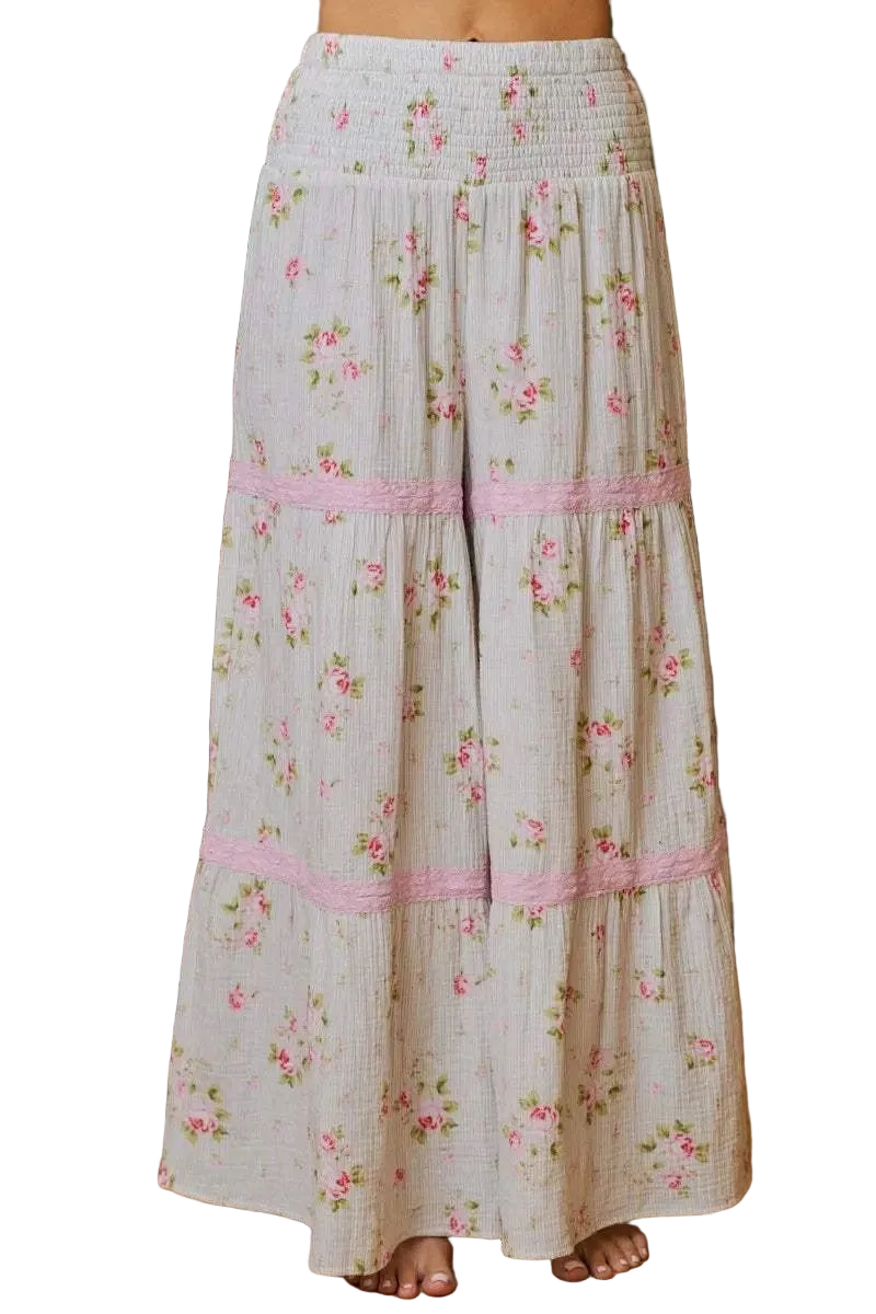 Lightweight BiBi Rose Printed Gauze smocked maxi pants with floral print and delicate trim