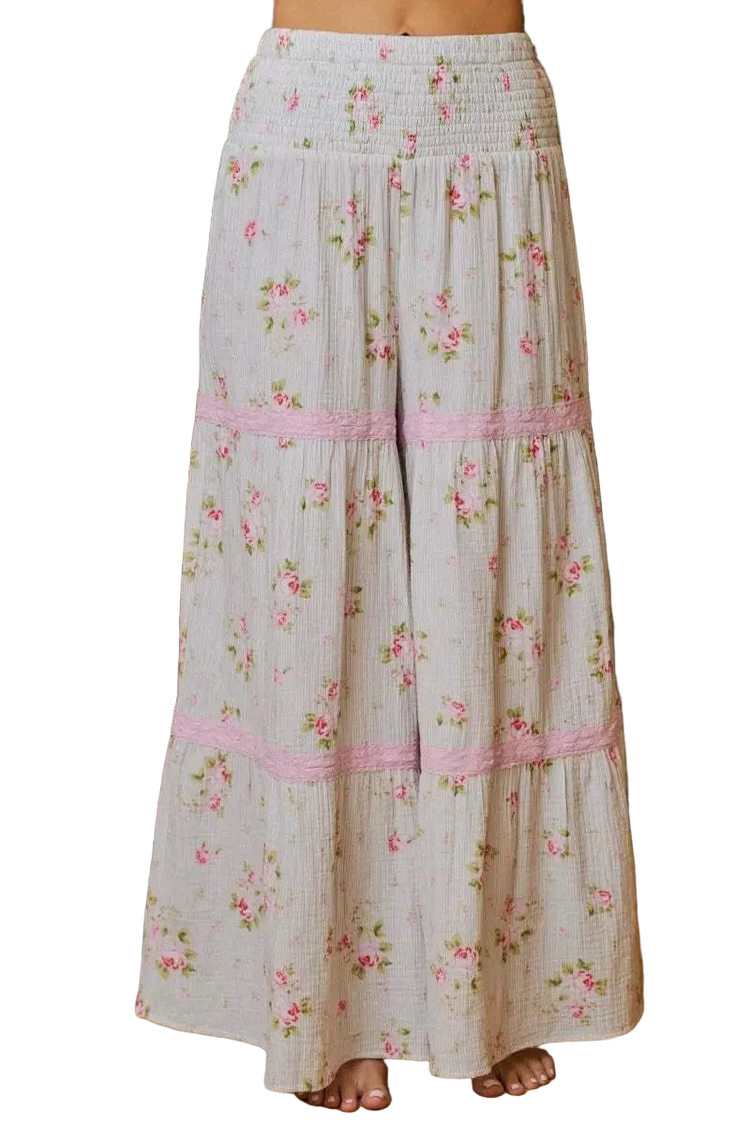 Lightweight BiBi Rose Printed Gauze smocked maxi pants with floral print and delicate trim