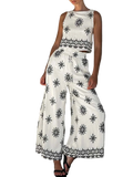 Woman wearing a printed tank and pants set with drawstring waist, made of 100% polyester, two-piece outfit