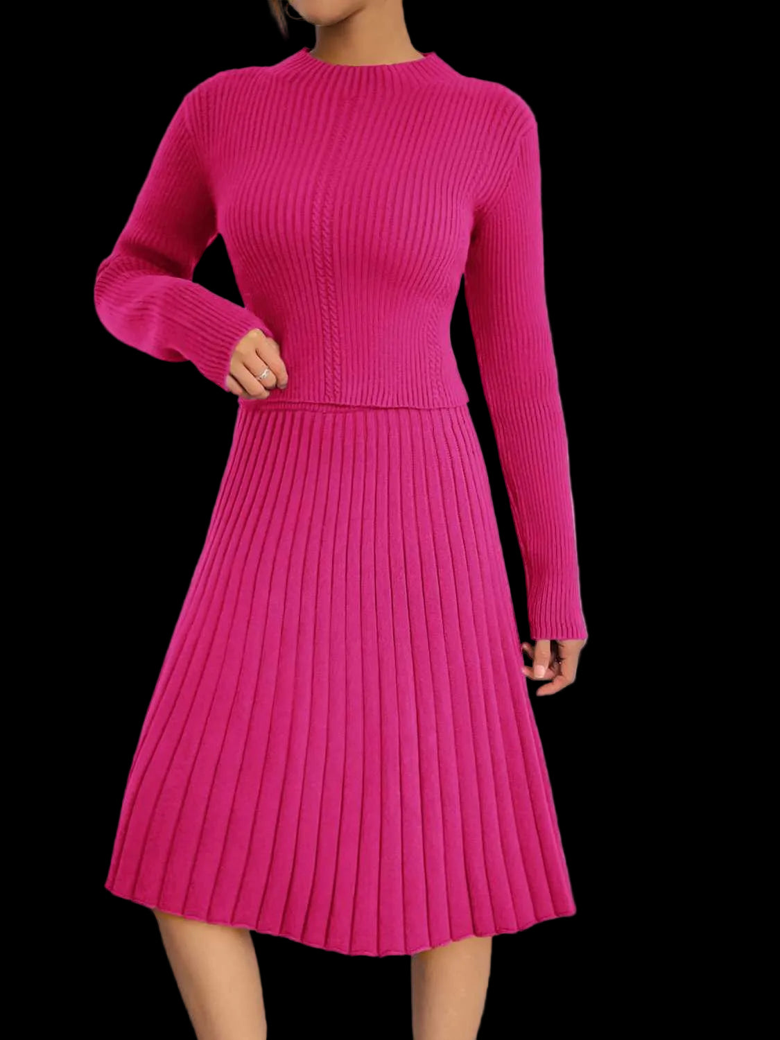 Rib-knit sweater and skirt set two-piece outfit with slight stretch in neutral color