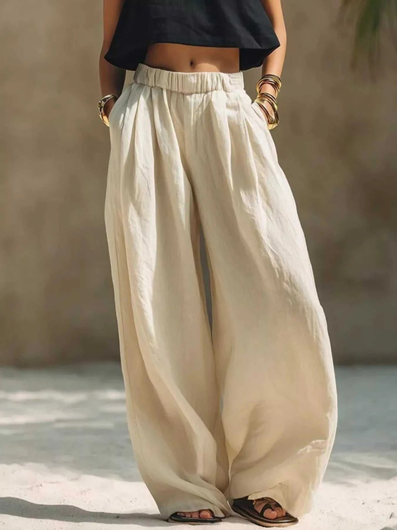 Plus size wide leg pants with full size elastic waistband and drawstring pockets