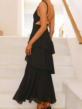 Sleeveless ruffled layered backless maxi dress with tied detail in polyester material