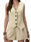 Woman wearing a slightly stretchy buttoned V-neck vest and shorts set made of 100% polyester