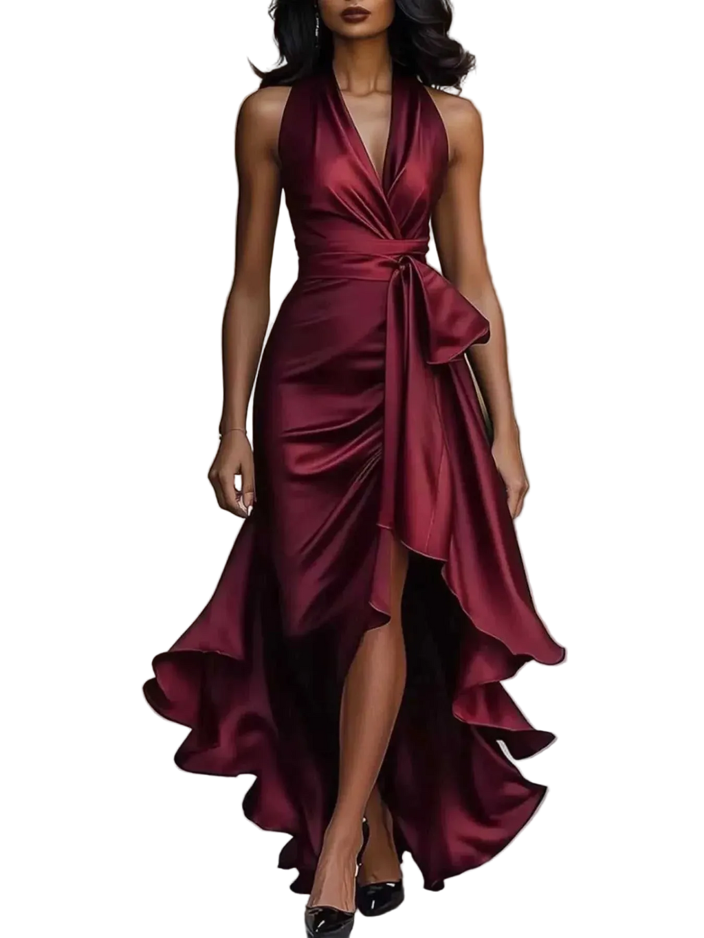 Full Size High-Low Ruffled Satin Maxi Dress plus size tied ruched polyester fabric