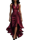 Full Size High-Low Ruffled Satin Maxi Dress plus size tied ruched polyester fabric