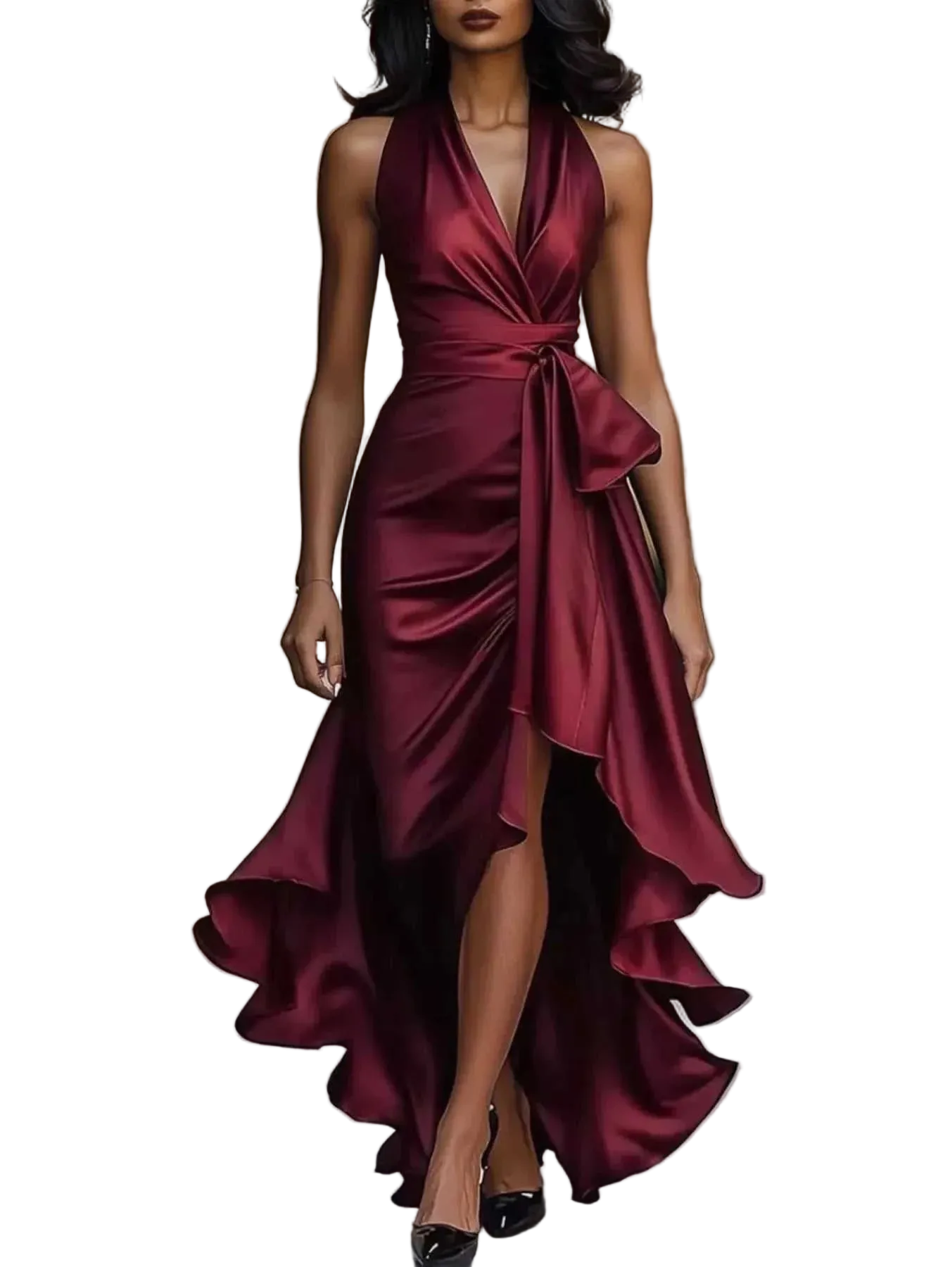 Full Size High-Low Ruffled Satin Maxi Dress plus size tied ruched polyester fabric