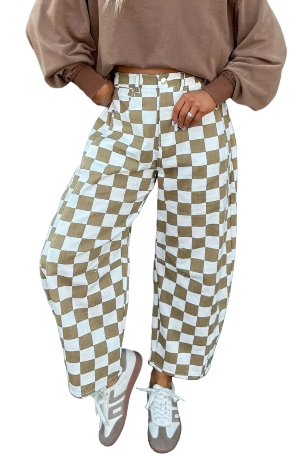 Checkered print denim barrel pants with drawstring and pockets in blue and white pattern