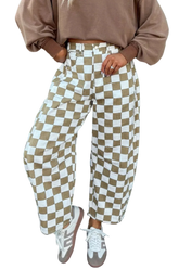 Checkered print denim barrel pants with drawstring and pockets in blue and white pattern
