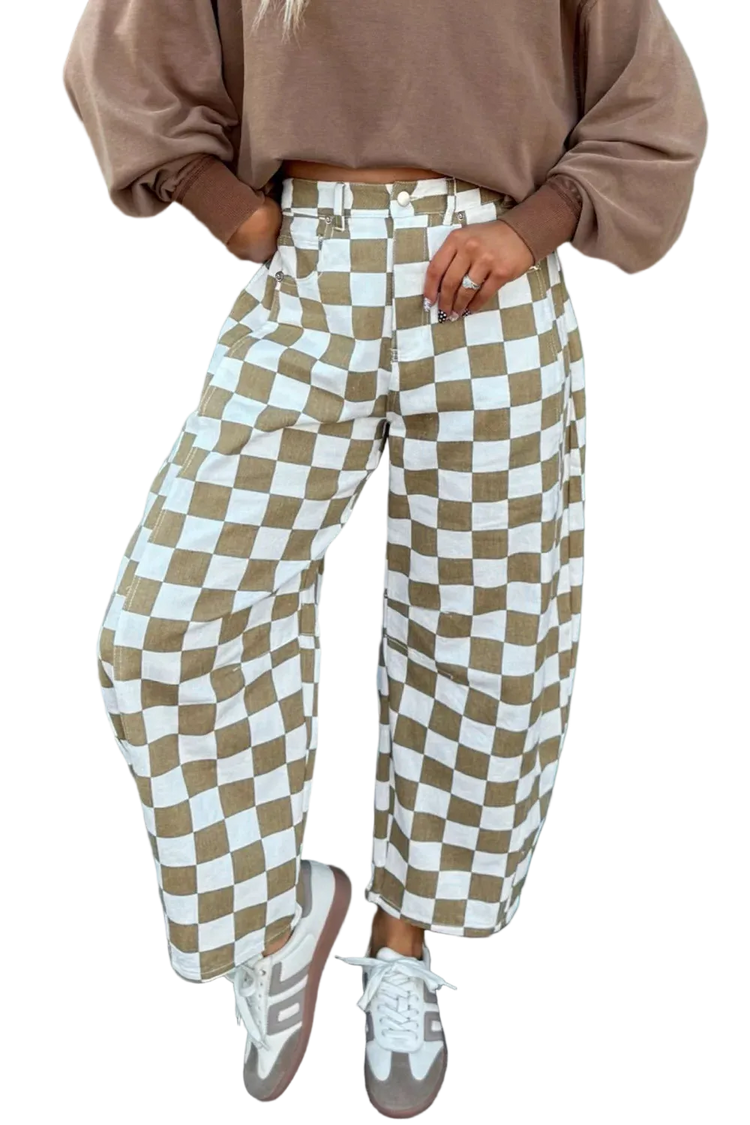 Checkered print denim barrel pants with drawstring and pockets in blue and white pattern