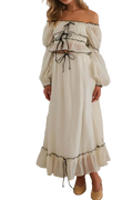 Women wearing a ruffled off-shoulder top and skirt set with tied and ruched details