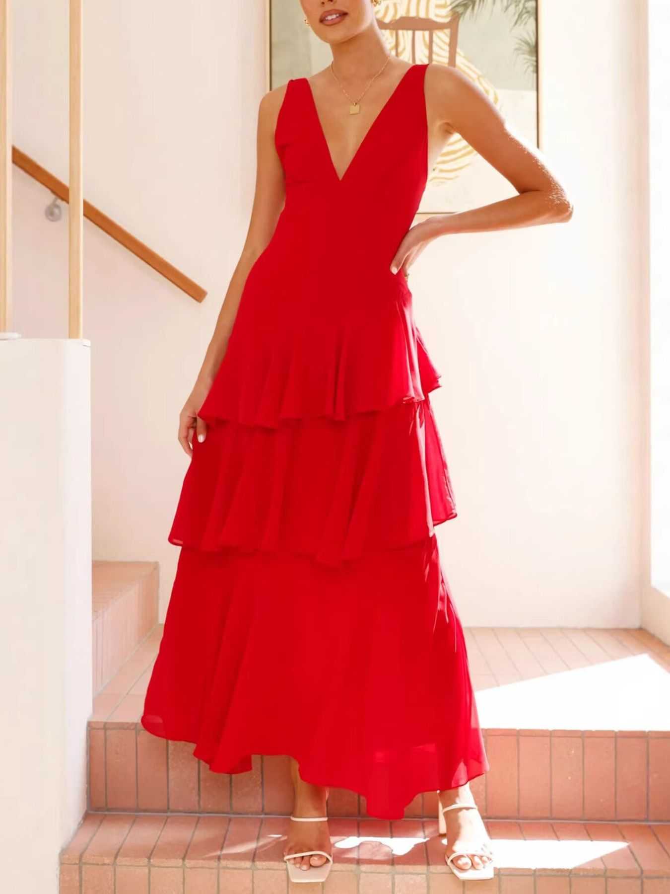 Sleeveless ruffled layered backless maxi dress with tie detail and no stretch in 100% polyester