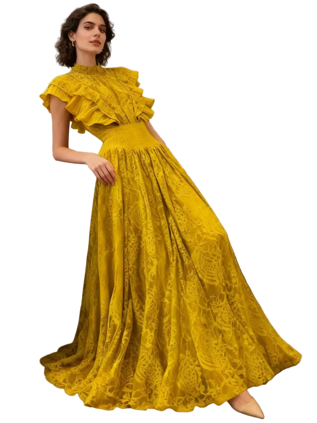 Ruffled mock neck lace maxi dress with cutout and lined body