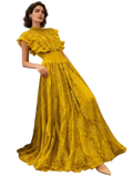 Ruffled mock neck lace maxi dress with cutout and lined body