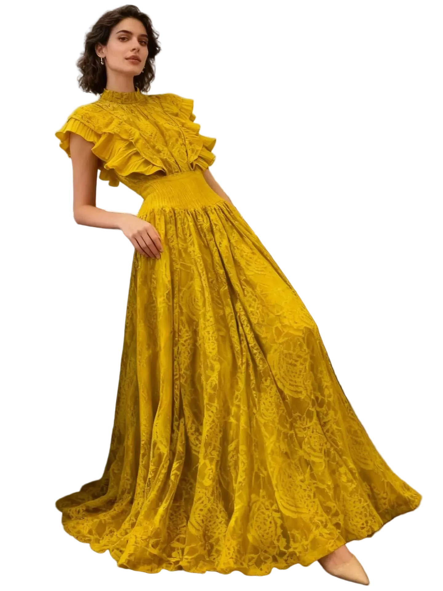 Ruffled mock neck lace maxi dress with cutout and lined body