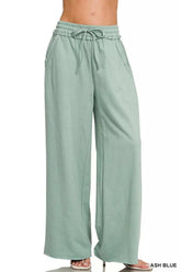 Zenana French Terry wide leg sweatpants with drawstring and pockets in soft breathable cotton fabric