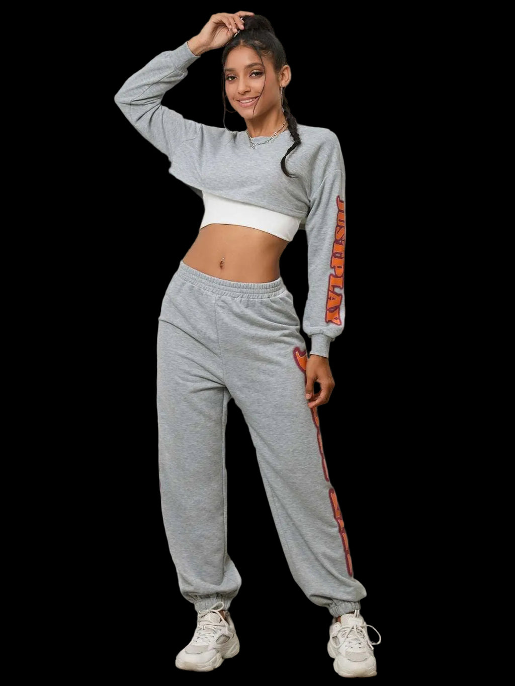 Two-piece cropped sweatshirt and sweatpants set in basic style, 100% polyester, no stretch, machine washable
