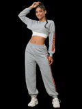 Two-piece cropped sweatshirt and sweatpants set in basic style, 100% polyester, no stretch, machine washable
