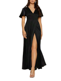 Black flutter sleeve slit maxi dress with polyester fabric and no stretch, machine washable.